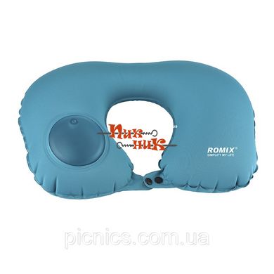 Дорожная надувная подушка для шеи со встроенной помпой ROMIX RH34WBL голубой