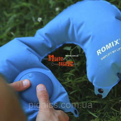 Дорожная надувная подушка для шеи со встроенной помпой ROMIX RH34WBL голубой
